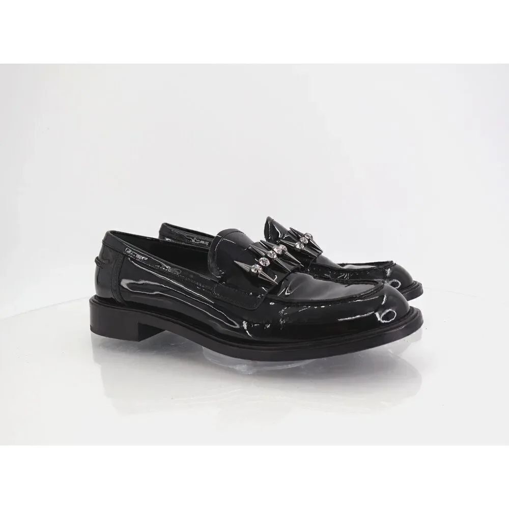 AGL Lola Spike Loafers Womens 38.5 8.5 Black Patent Leather Slip on Shoes